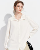 Smooth satin blend lace-trimmed single-breasted shirt featuring a turn-down collar and straight shoulder, perfect for polished office wear or formal.