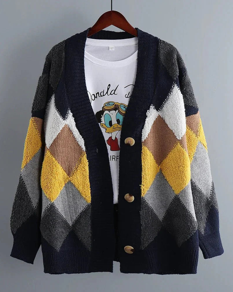 Fleece Patchwork Vintage V-Neck Short Cardigan