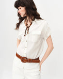 Loose V-Neck Rolled-Up Sleeve Shirt