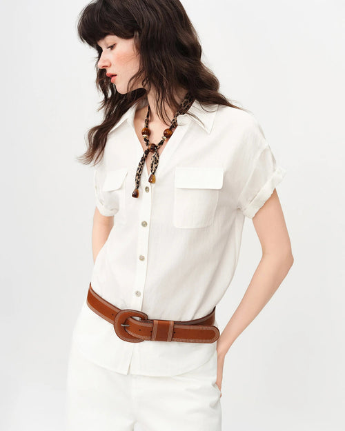 Loose V-Neck Rolled-Up Sleeve Shirt
