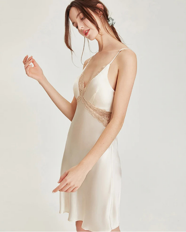 Mulberry Silk Lace V-Neck Spaghetti Strap Sleep Dress