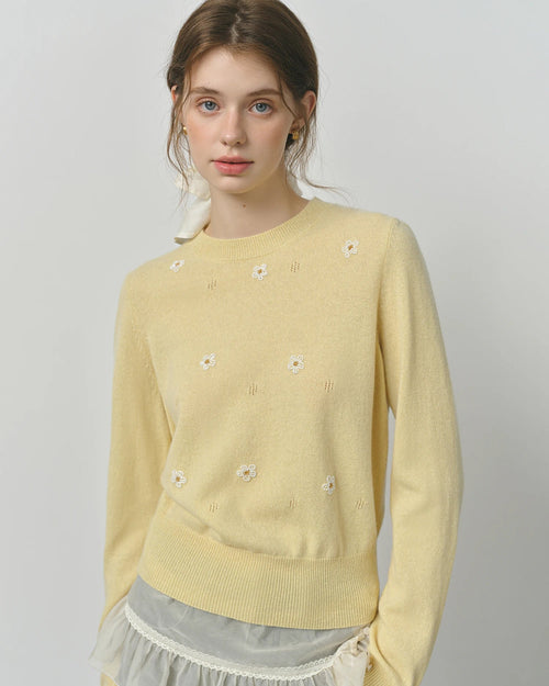Women's beaded floral wool knit pullover with round neck, featuring lightweight warmth and refined beading detail for autumn office wear or winter dining.