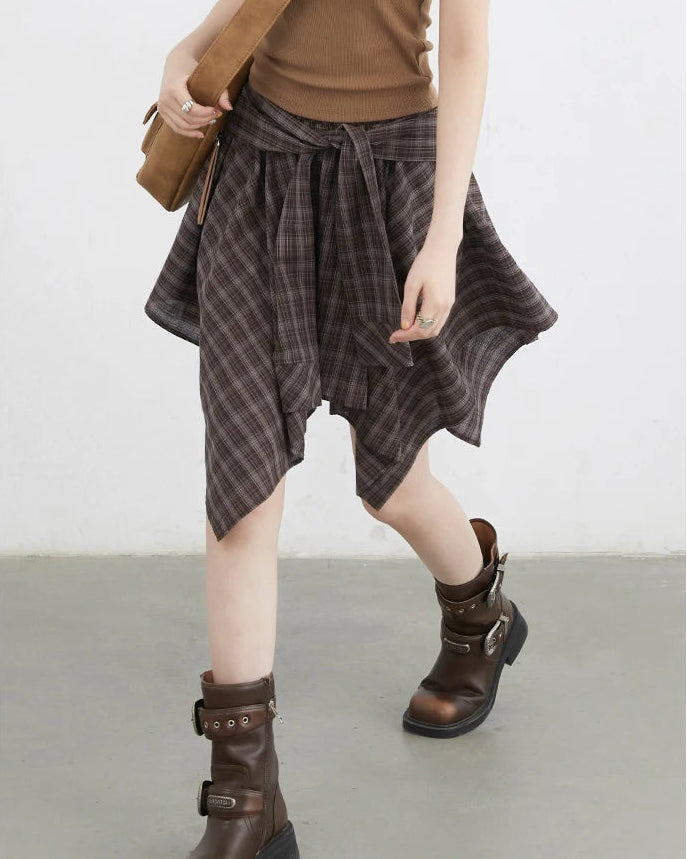 Plaid Asymmetric A-Line Cotton Midi Skirt
