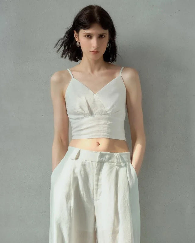 Linen V-Neck Spaghetti Strap Cropped Vest