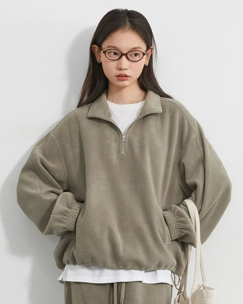 Granular Velvet Stand-Collar Zip Top