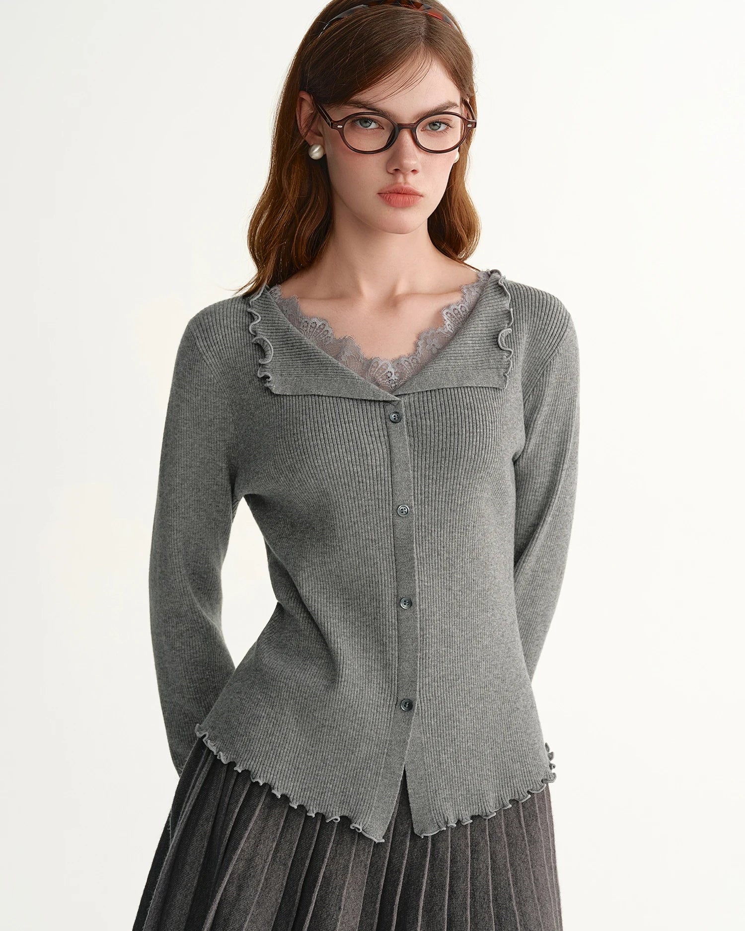 V-Neck Single-Breasted Ribbed Knit Cardigan