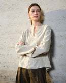 Loose-Fit Linen V-Neck Long-Sleeve Shirt