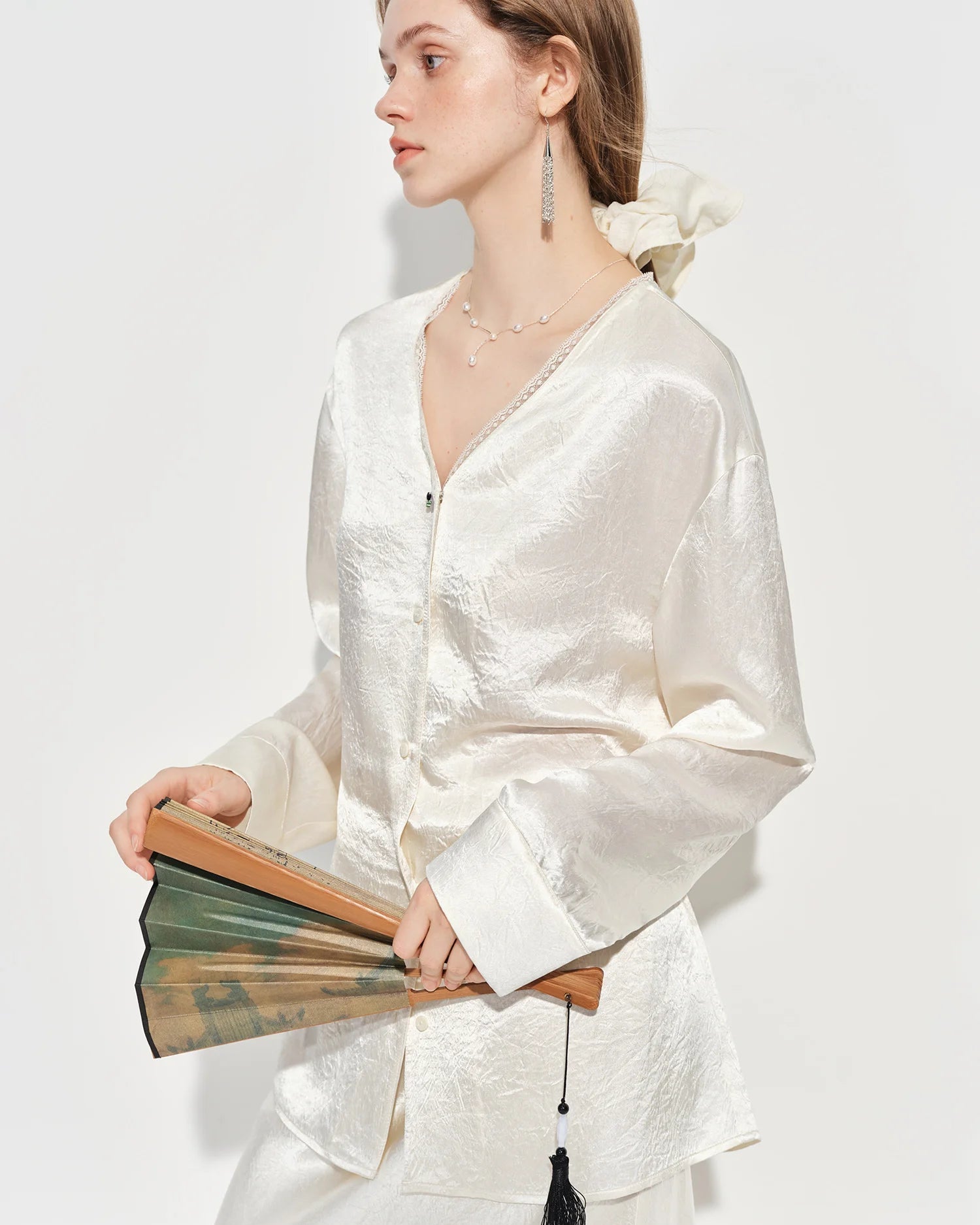 Elegant V-Neck Satin Long-Sleeve Shirt