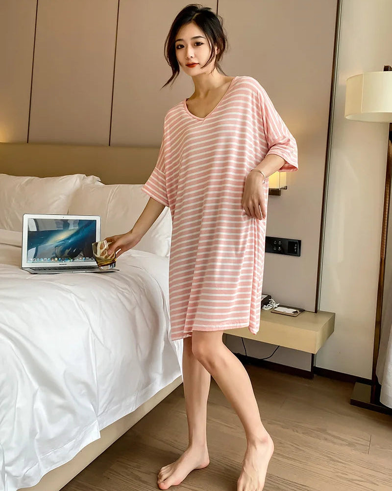 Modal Stripe Short Sleeve V-Neck Sleep Dress