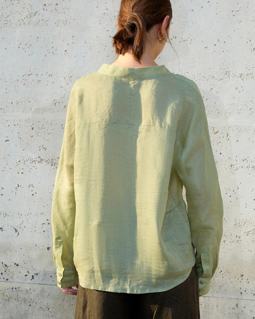 Ramie V-Neck Button-Down Shirt