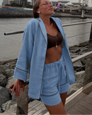 Cotton Long-Sleeve Shirt & High-Waist Shorts Set