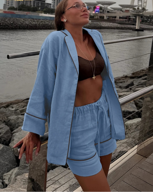 Cotton Long-Sleeve Shirt & High-Waist Shorts Set
