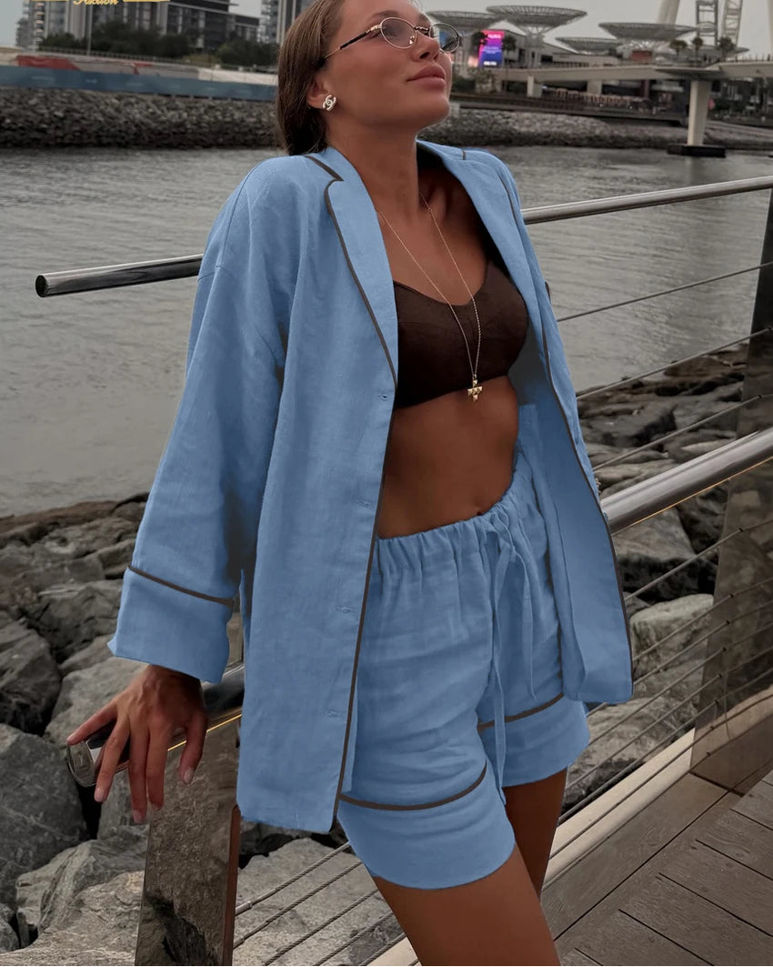 Cotton Long-Sleeve Shirt & High-Waist Shorts Set