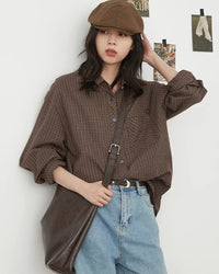 Plaid Embroidered Square-Neck Loose Shirt