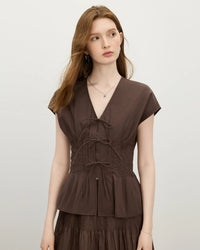 Women's V-Neck Short Sleeve Cotton Casual Blouse