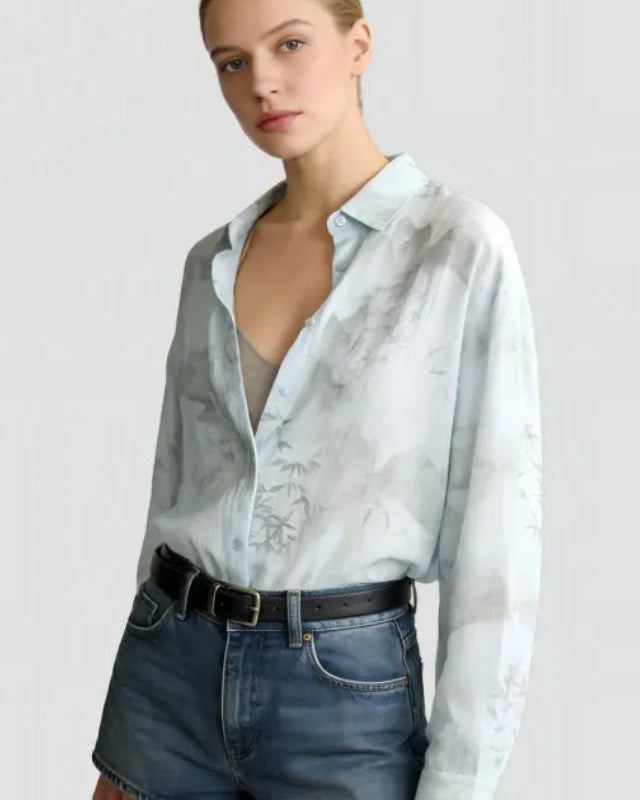 Ink Wash Print Oversized Mid-Length Shirt