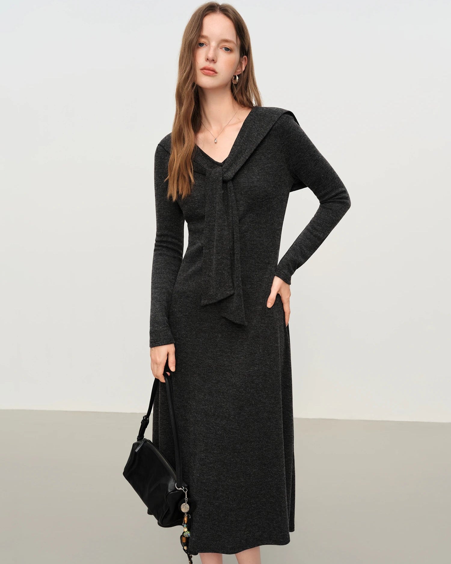 Scarf Collar A-Line Knit Dress