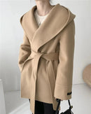 Hooded Wool Blend Wrap Coat