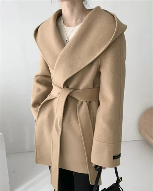 Hooded Wool Blend Wrap Coat