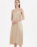 100% mulberry silk spaghetti strap V-neck maxi dress with A-line silhouette. Fluid, elegant mid-calf length in 4 solid colours for spring & summer.