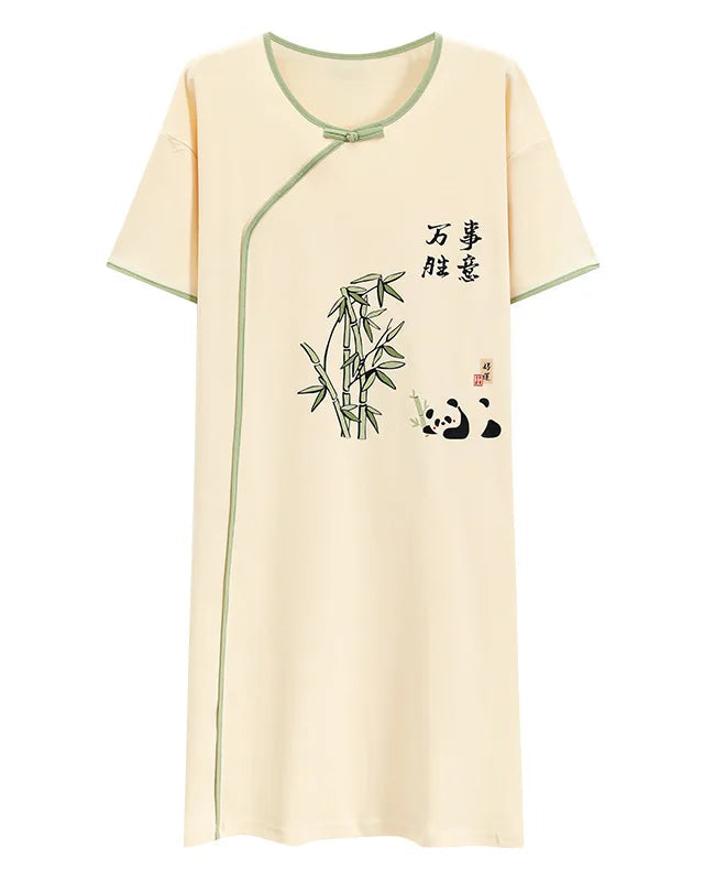 Vintage Print Short Sleeve Cotton Sleep Dress