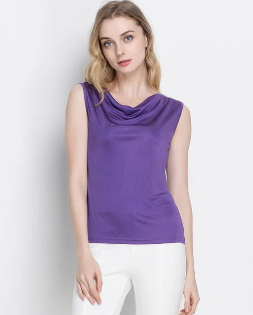 Silk-Viscose Draped Collar Sleeveless Tank Top