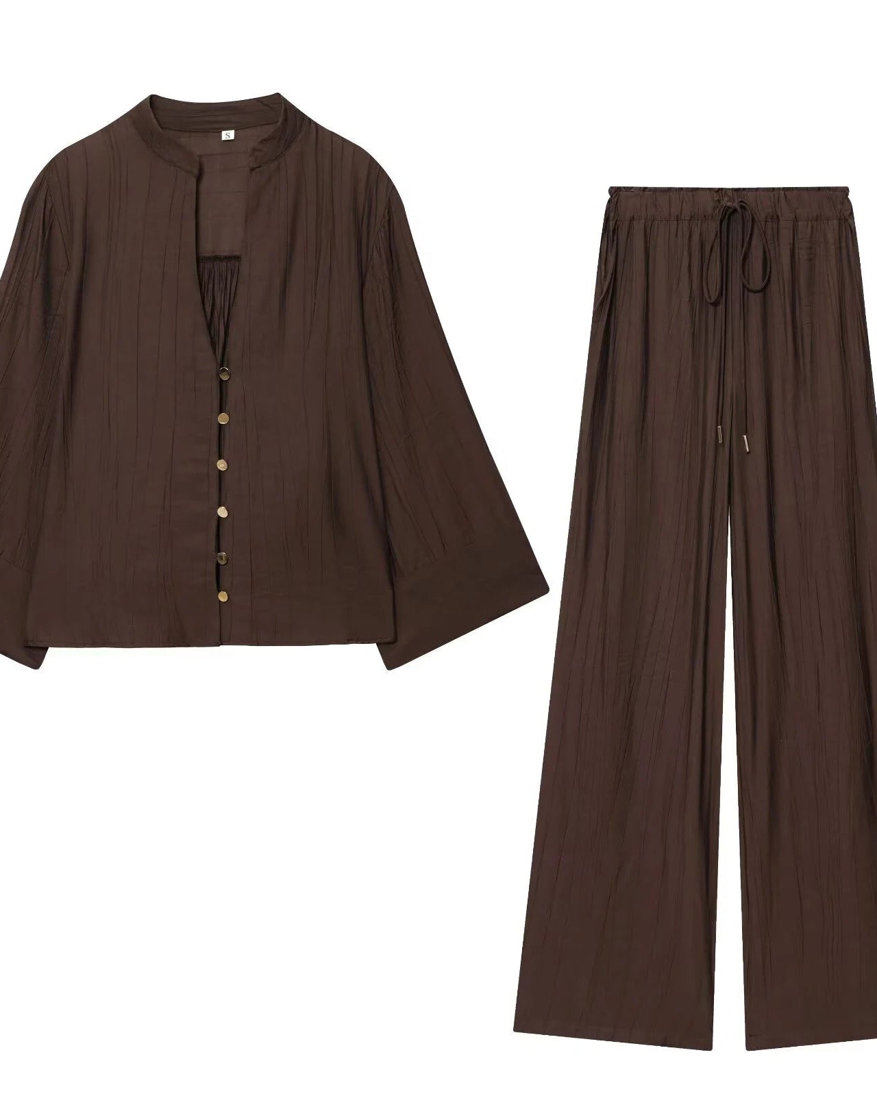 Women's V-neck shirt and high-waist wide-leg pants set crafted from lightweight polyester blended woven fabric, delivering effortless ease and poised polish for office meetings or weekend strolls.