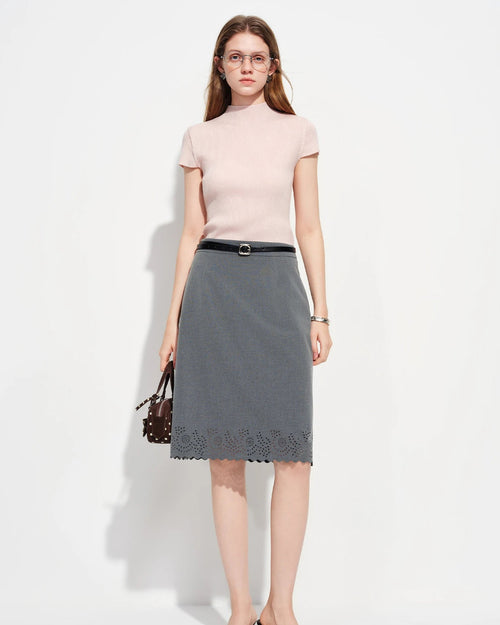 Semi-High Neck Short-Sleeve Knit Sweater