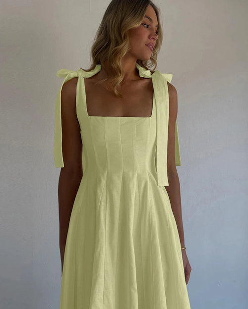 Square Neck Pleated Cotton Maxi Dress