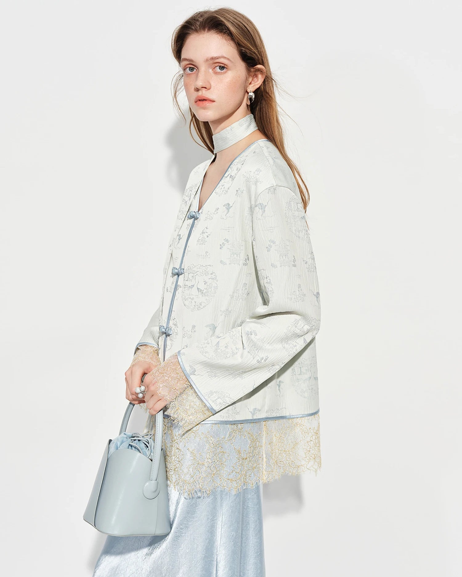 V-Neck Button-Down Lace-Trimmed Shirt