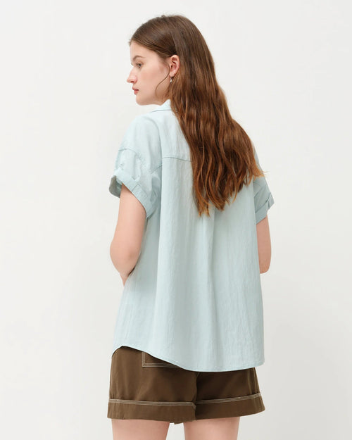 Loose V-Neck Rolled-Up Sleeve Shirt