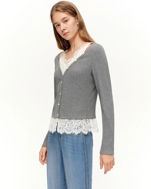 Women's Lace V-Neck Knit Long Sleeve Top