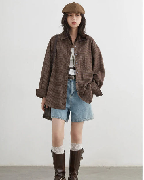 Plaid Embroidered Square-Neck Loose Shirt