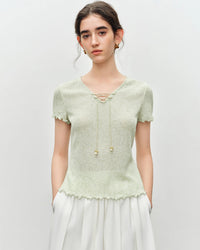 Beaded V-Neck Tie-Front Knit T-Shirt