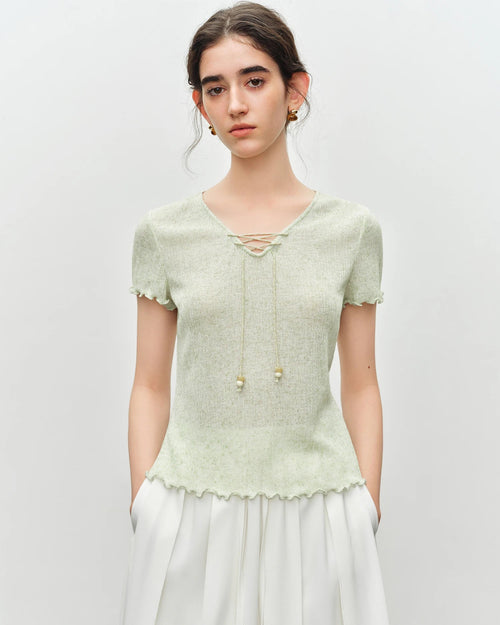 Women's beaded V-neck tie-front knit T-shirt, featuring lightweight polyester-linen blend and artisan boho charm for effortless beach mornings or evening outings.