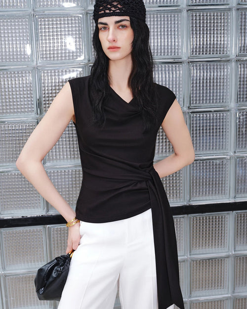 Pleated V-Neck Sleeveless Knit T-Shirt