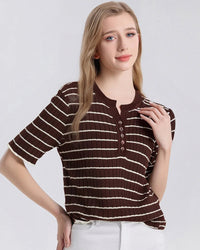 Silk-Cotton Striped Short-Sleeve Round-Neck Tee