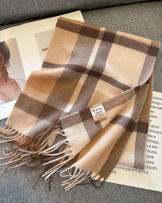 Checked 100% Wool Scarf With Fringed