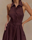 Sleeveless Turn-Down Collar Belted Maxi Dress