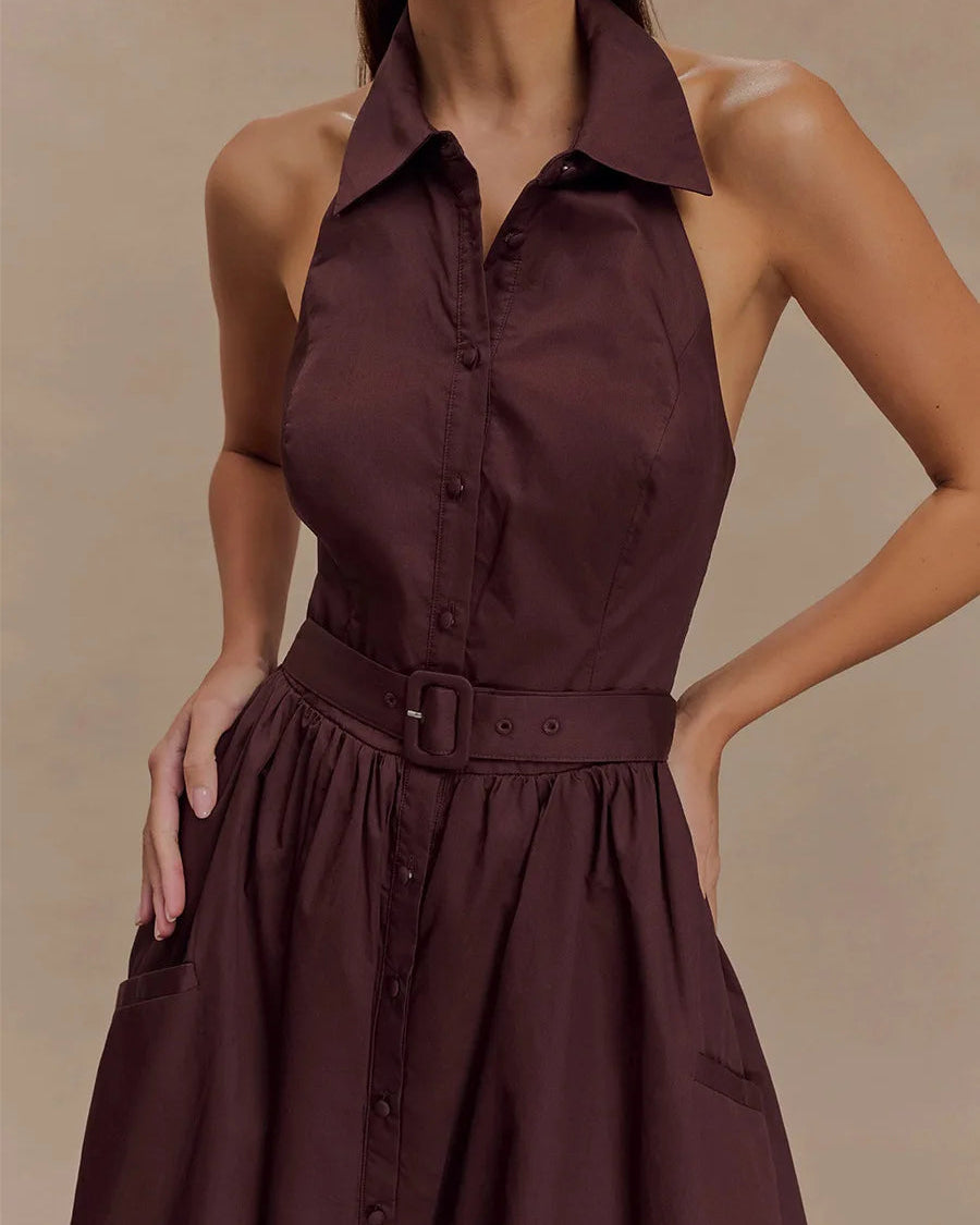 Sleeveless Turn-Down Collar Belted Maxi Dress