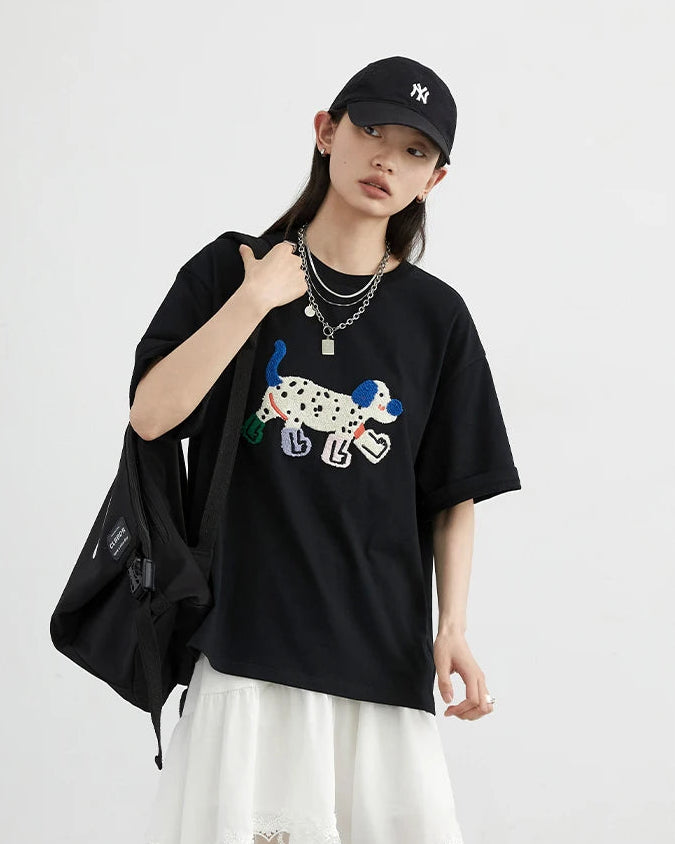 Puppy Embroidery Loose Cotton T-Shirt