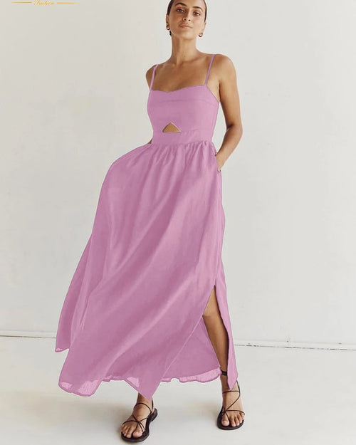 Cotton Slash-Neck Hollow-Out Sleeveless Maxi Dress