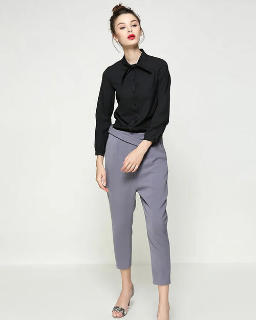Solid Color Collar Tie Single-Breasted Shirt