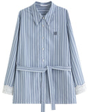 Lace Trim Jacquard Stripe Tie-Waist Blouse