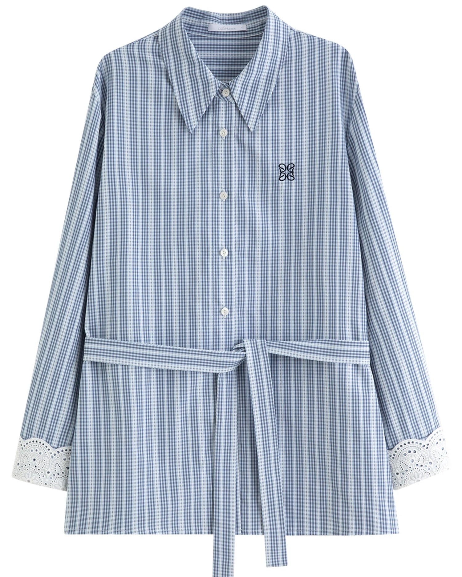 Lace Trim Jacquard Stripe Tie-Waist Blouse