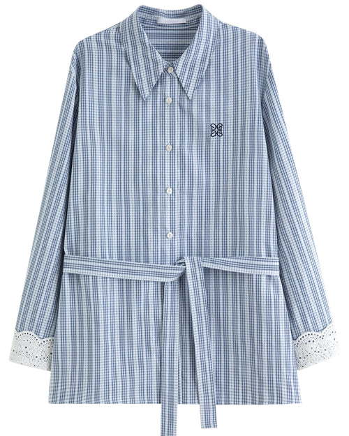 Lace Trim Jacquard Stripe Tie-Waist Blouse