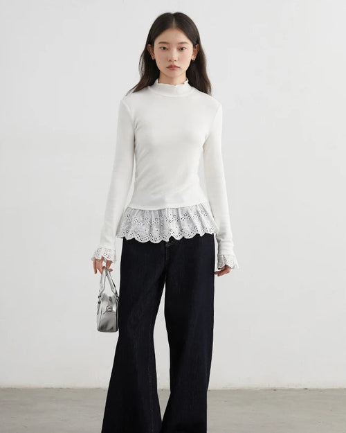 High-Neck Slim-Fit T-Shirt With Spliced Hem