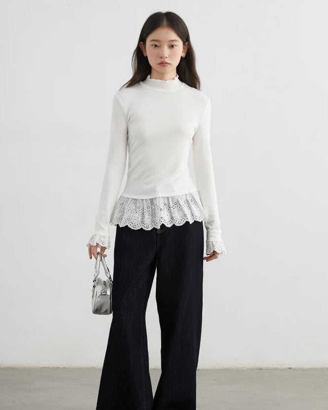 High-Neck Slim-Fit T-Shirt With Spliced Hem