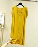 Modal and polyester knit V-neck short-sleeve sleep dress. Soft, lightweight & breathable mid-calf fit for summer loungewear, sizes L–XXL.
