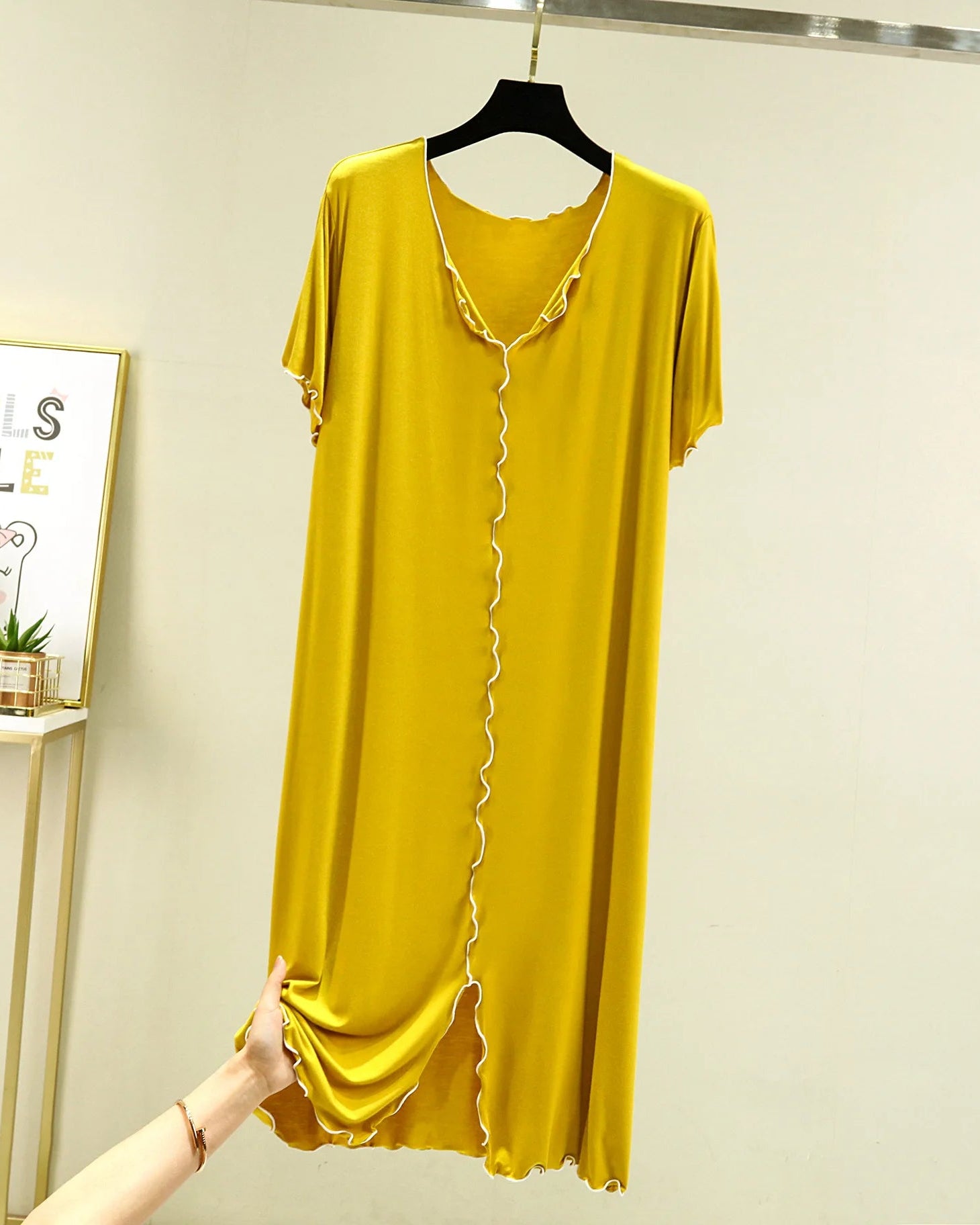 Modal and polyester knit V-neck short-sleeve sleep dress. Soft, lightweight & breathable mid-calf fit for summer loungewear, sizes L–XXL.